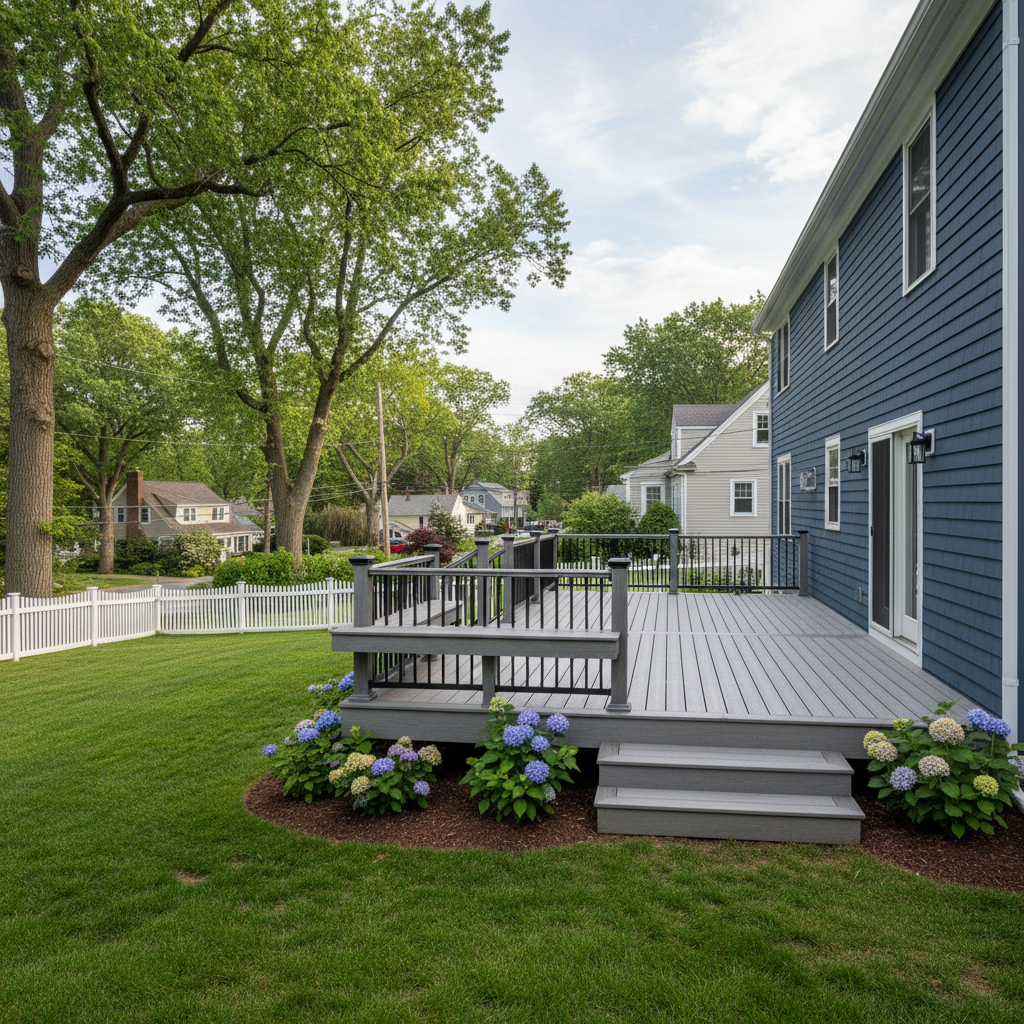 Completed composite decks work at a residential property in Arlington, MA