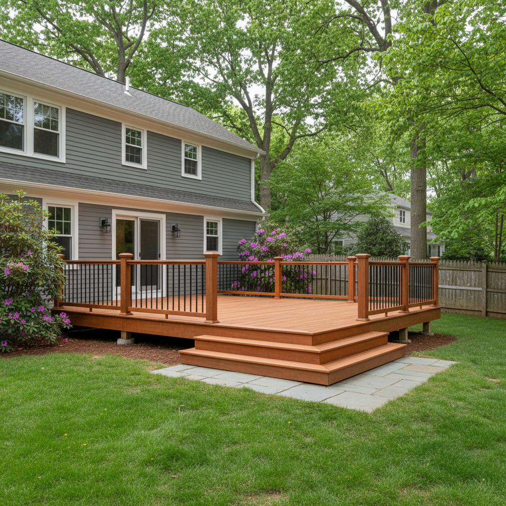 Completed wooden decks work at a residential property in Arlington, MA