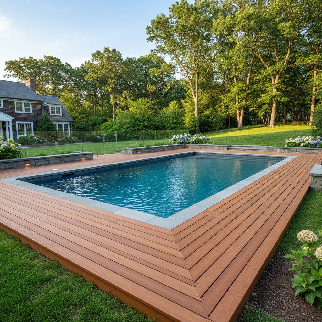 Completed pool decks work at a residential property in Belmont, MA