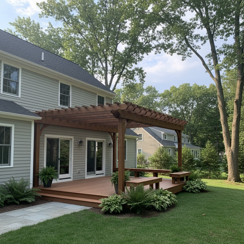 Completed pergola construction work at a residential property in Belmont, MA