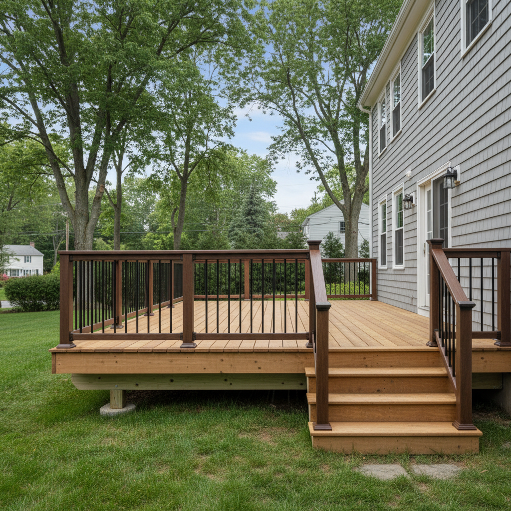 Completed deck railing installation work at a residential property in Arlington, MA