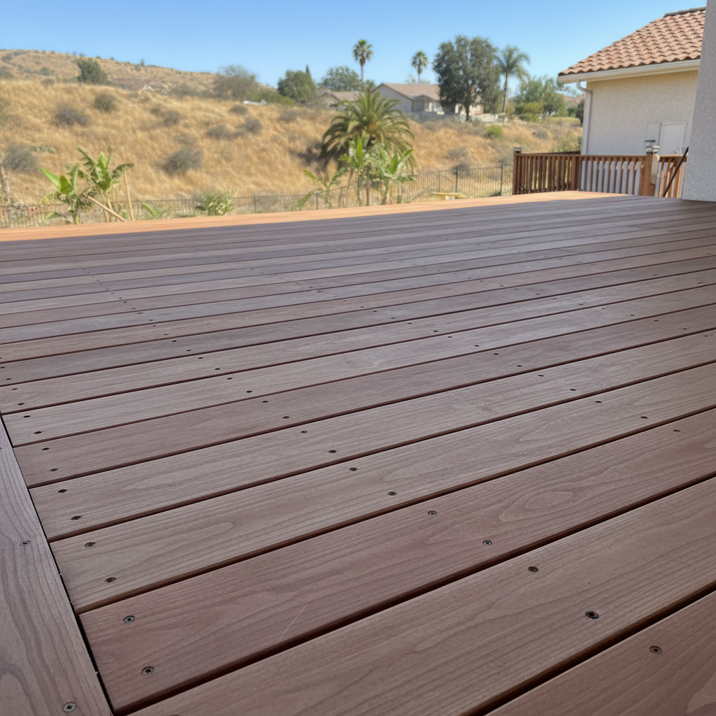 Completed wooden decks work at a residential property in Perris, CA
