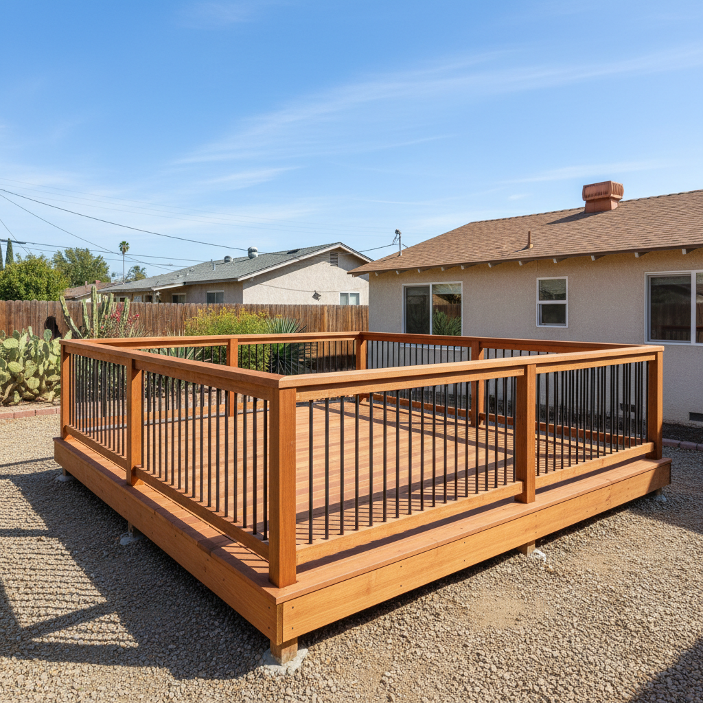 Completed deck construction work at a residential property in Perris, CA