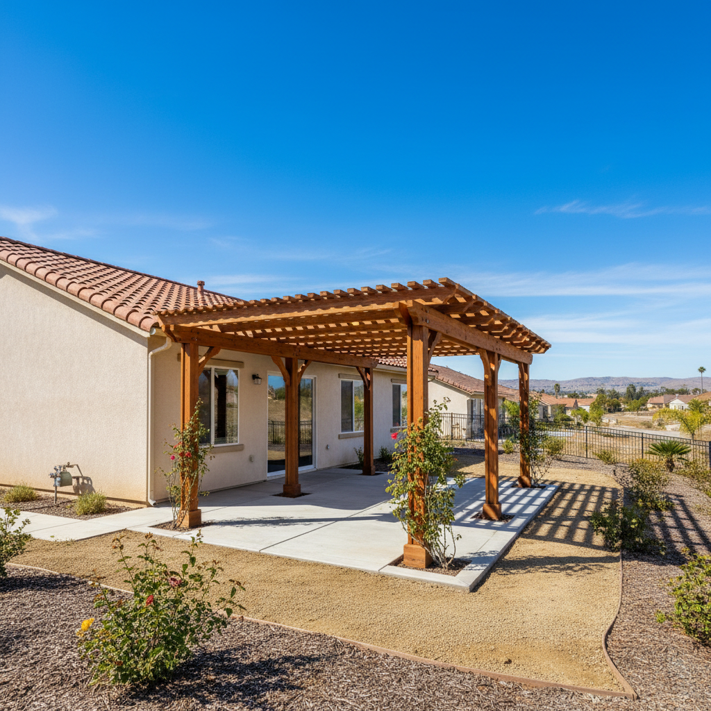Completed pergola construction work at a residential property in Perris, CA
