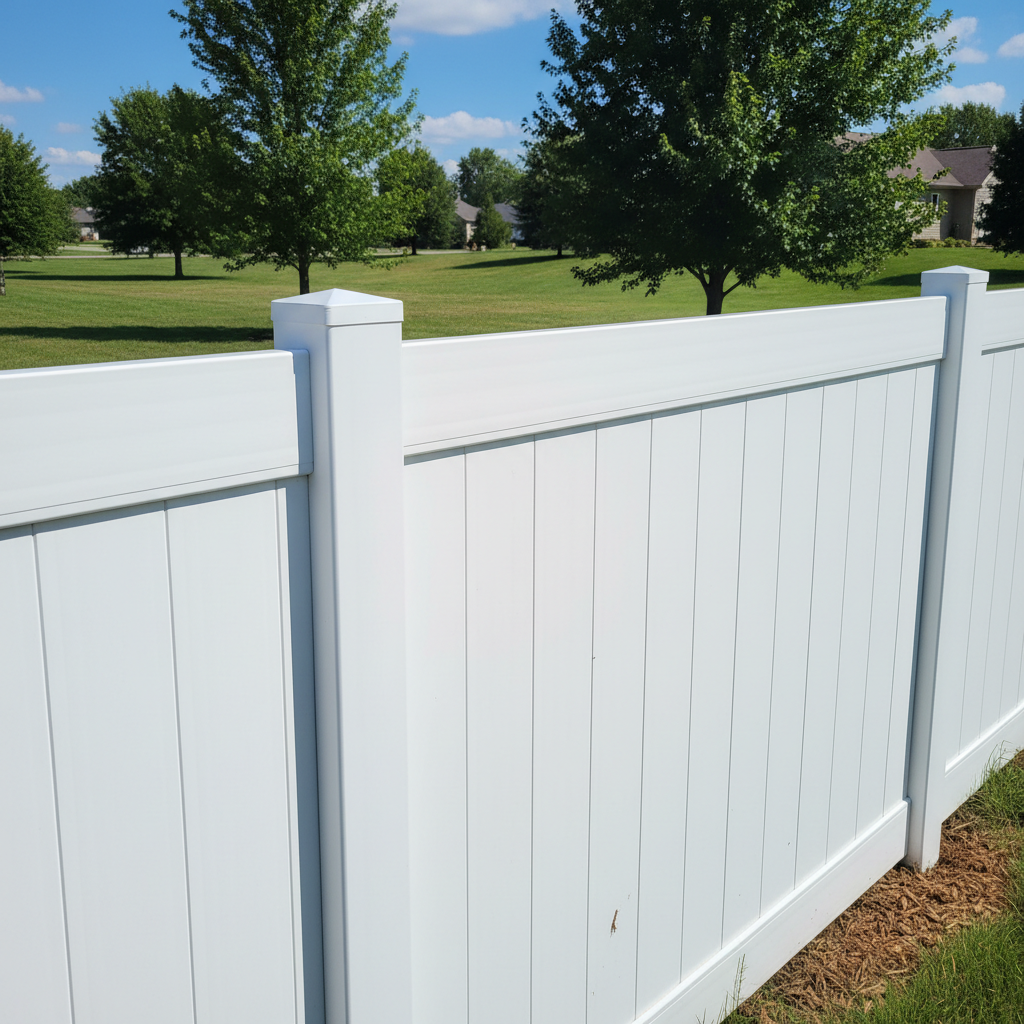 Completed vinyl fence installation work at a residential property in Gretna, NE
