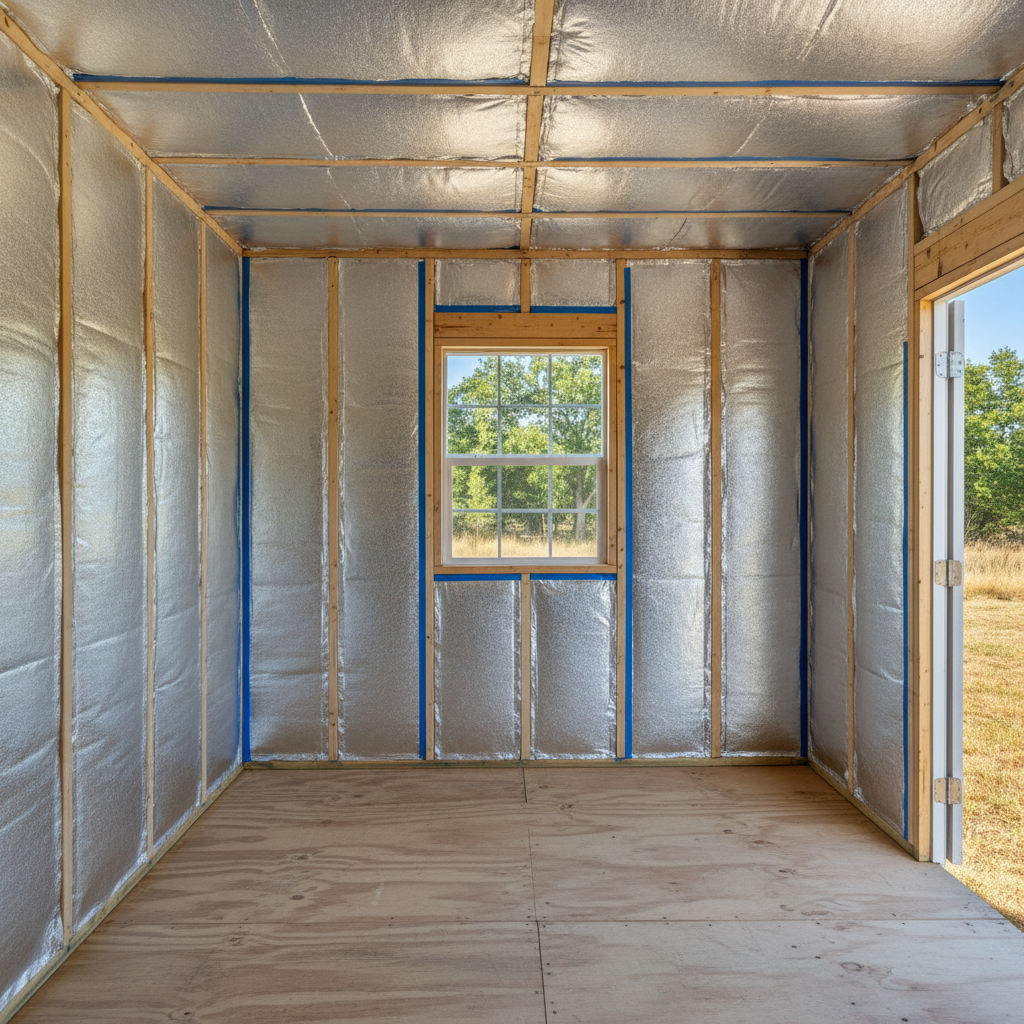 Completed shed insulation work at a residential property in New Braunfels, TX