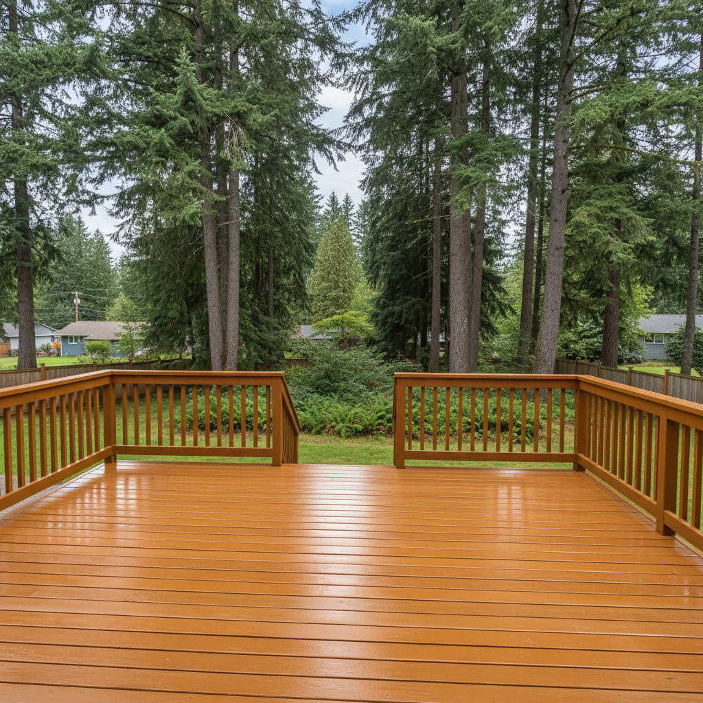Completed deck staining work at a residential property in Spanaway, WA