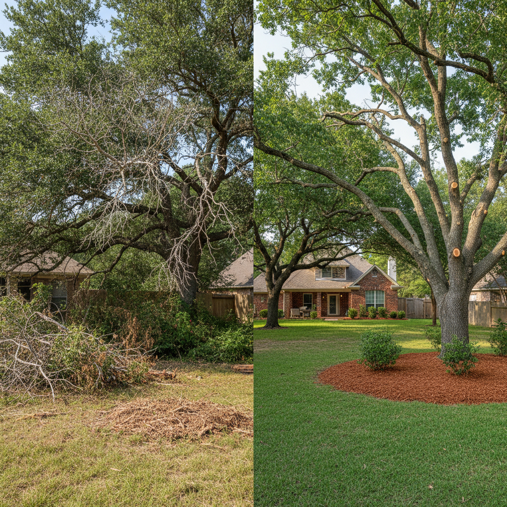 Completed tree pruning work at a residential property in Nederland, TX