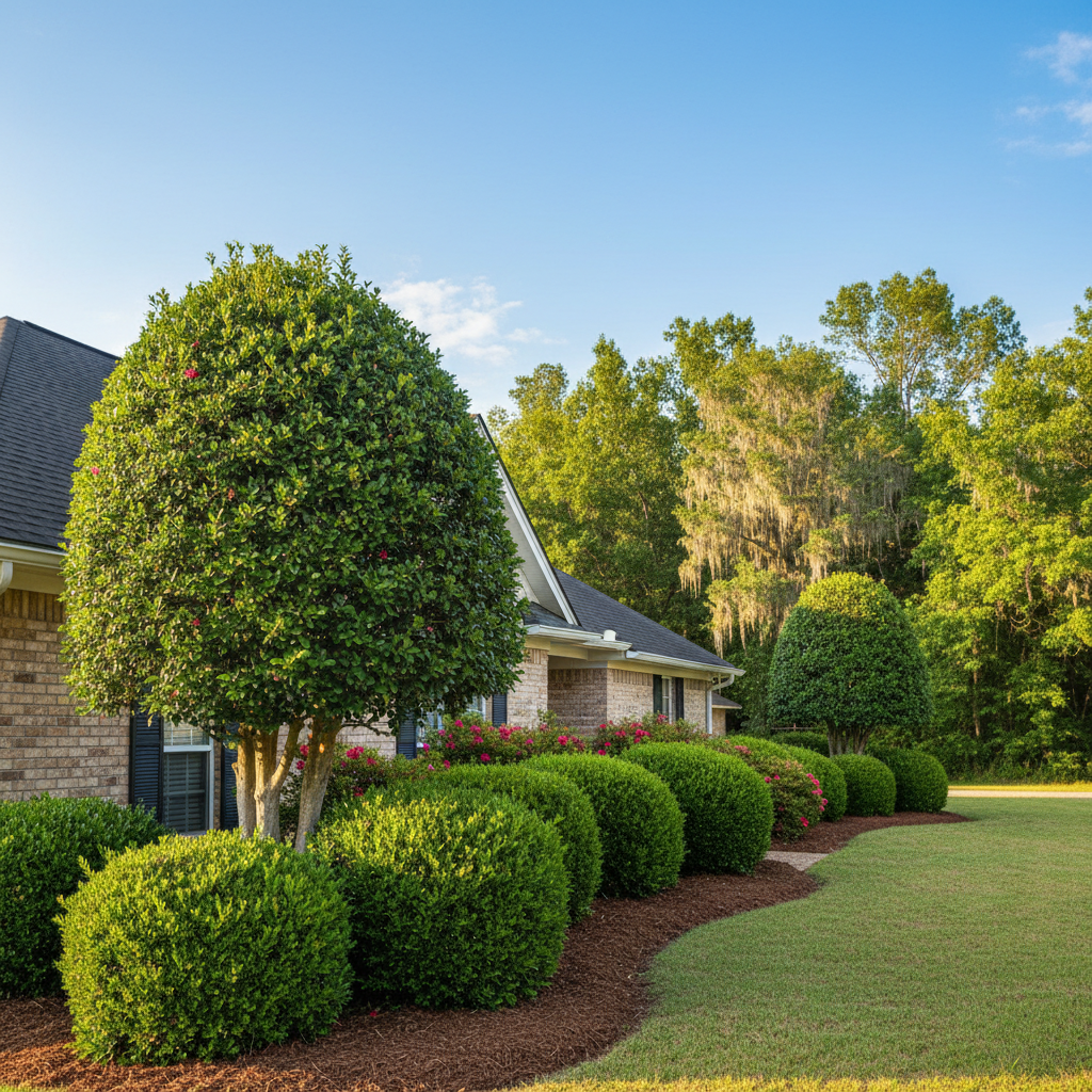 Completed shrub & bush trimming work at a residential property in Nederland, TX