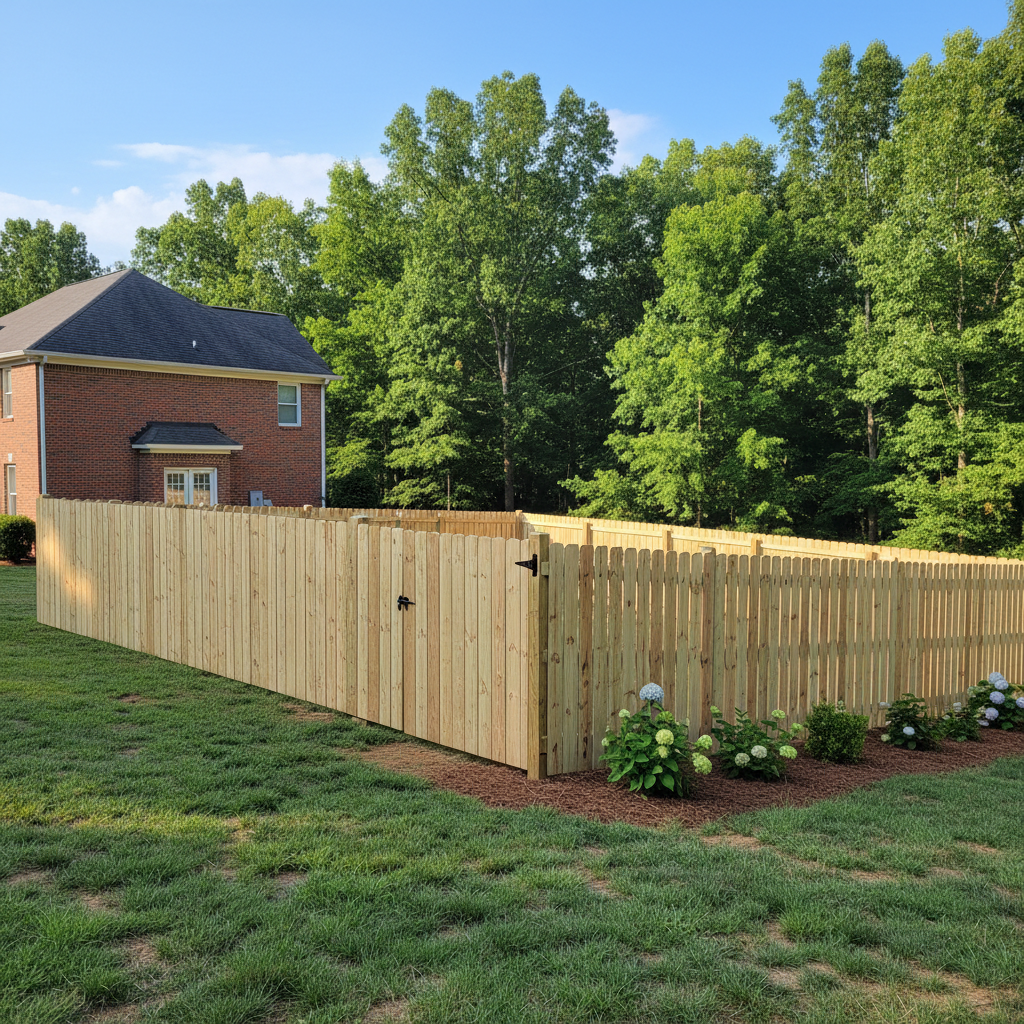 Completed wood fence installation work at a residential property in Rockford, TN
