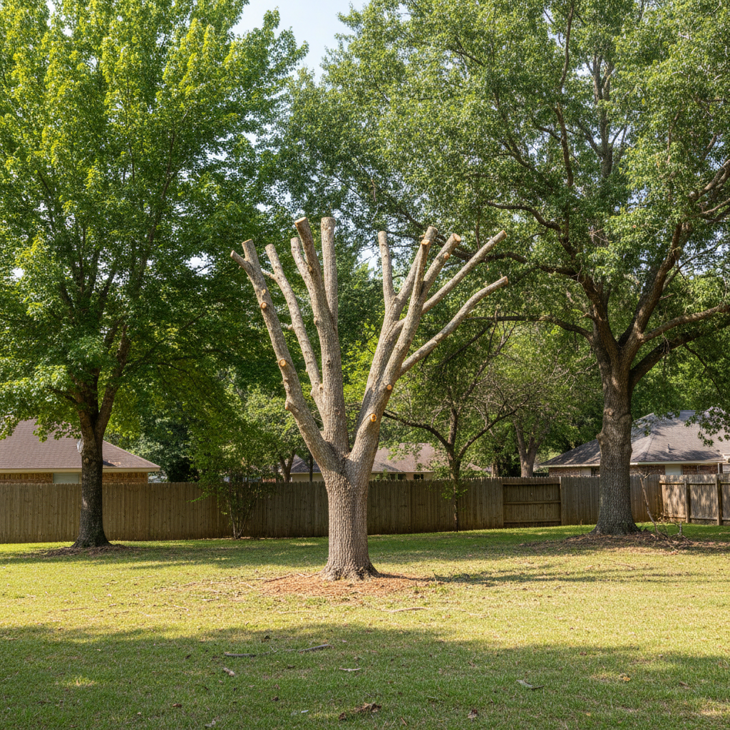 Completed tree pruning work at a residential property in Nederland, TX