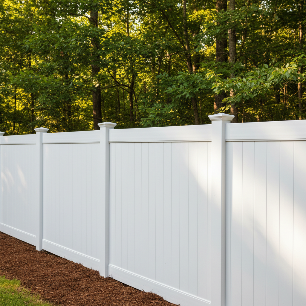 Completed vinyl fence installation work at a residential property in Norris, TN