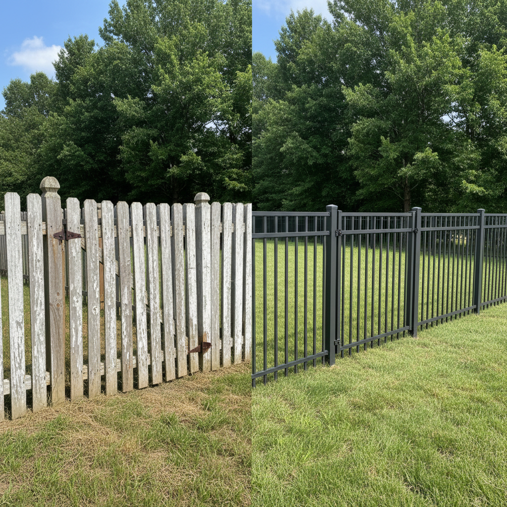 Completed aluminum fence installation work at a residential property in Rockford, TN