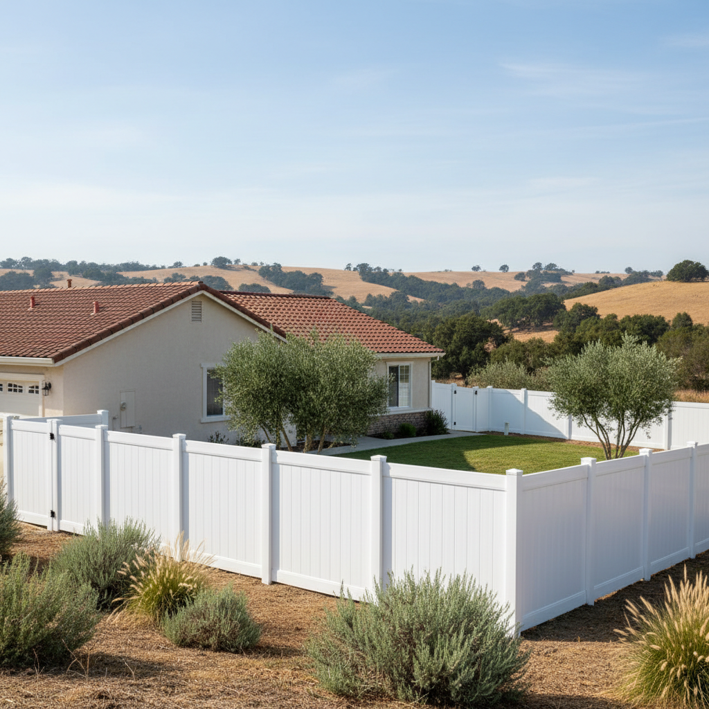 Completed vinyl fence installation work at a residential property in Vallejo, CA