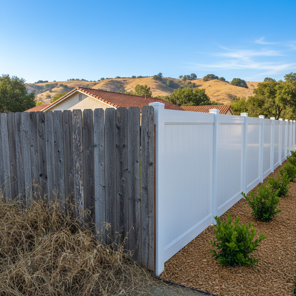 Completed vinyl fence installation work at a residential property in Vallejo, CA