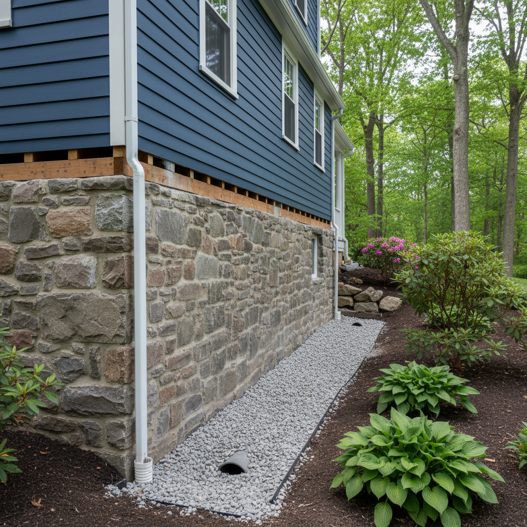 Completed masonry waterproofing work at a residential property in Lexington, MA