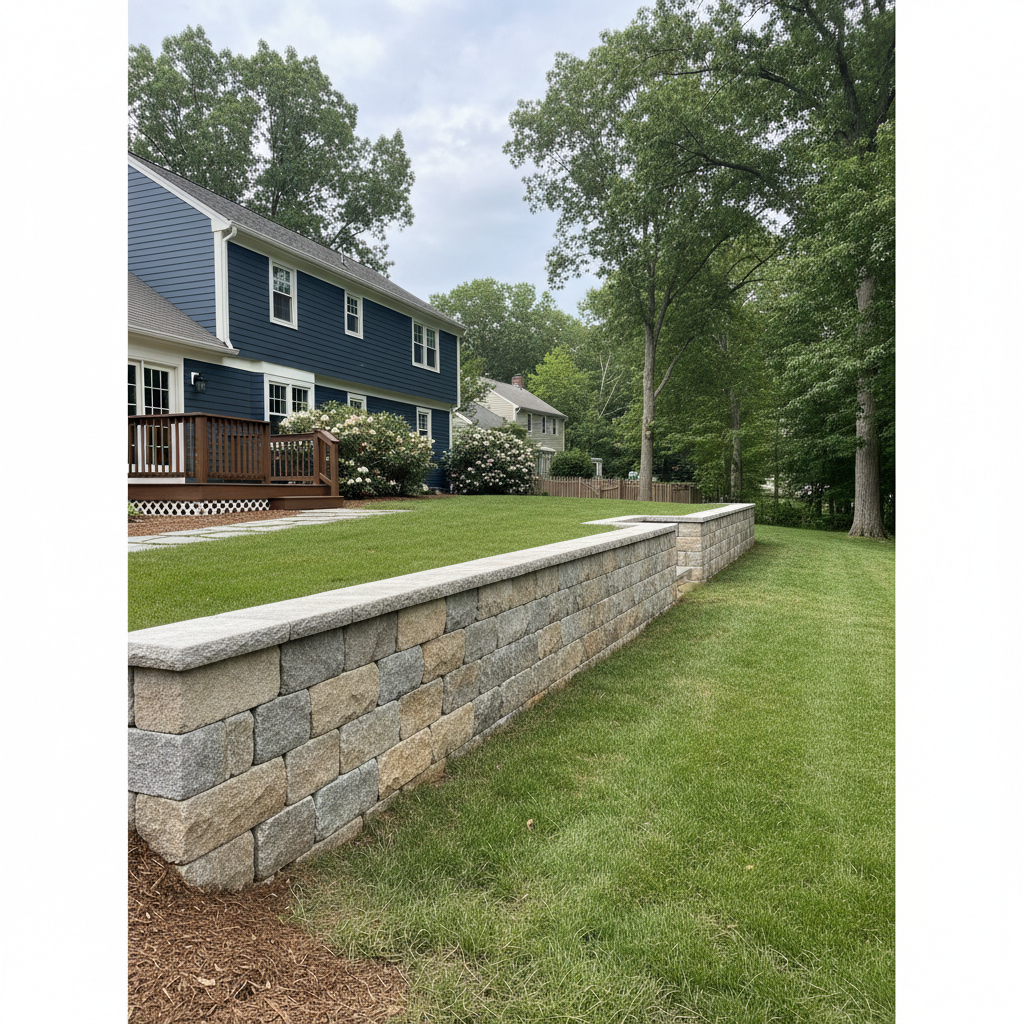 Completed retaining wall construction work at a residential property in Lexington, MA