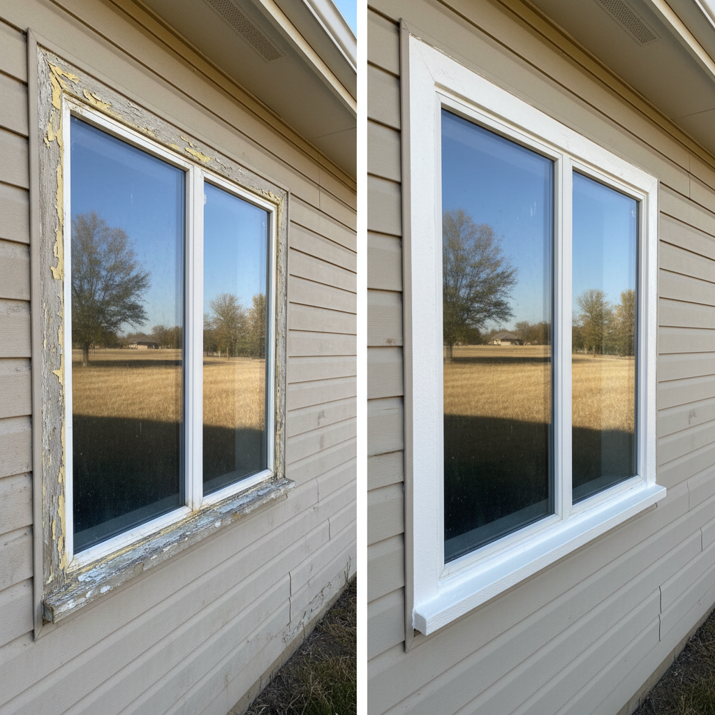 Completed window caulking and sealing work at a residential property in Great Bend, KS