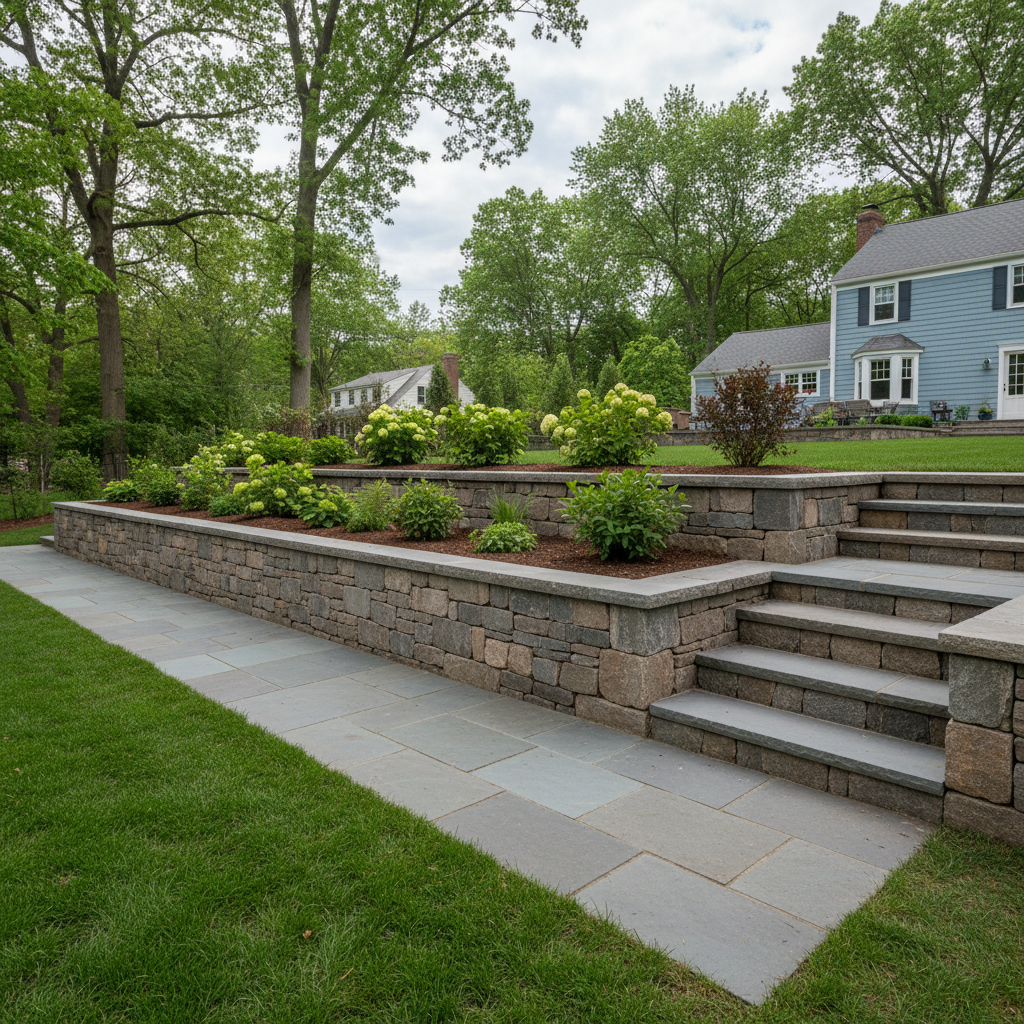 Completed retaining wall construction work at a residential property in Lexington, MA
