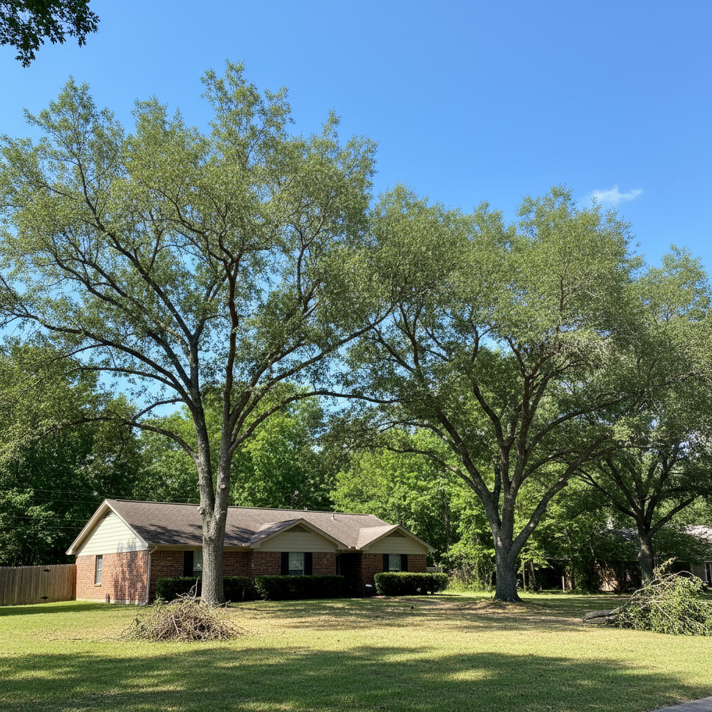 Completed tree pruning work at a residential property in Huffman, TX