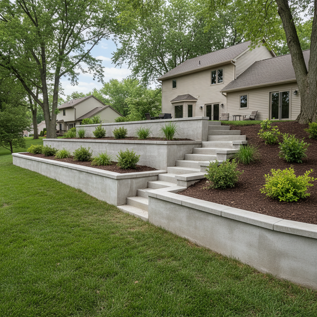 Completed concrete retaining walls work at a residential property in Schaumburg, IL