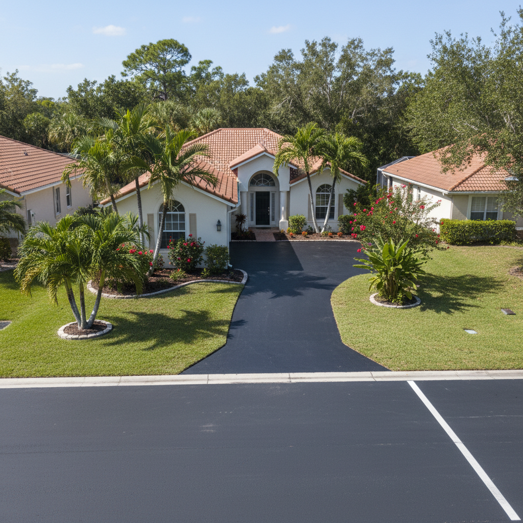Completed asphalt sealcoating work at a residential property in Sunrise, FL