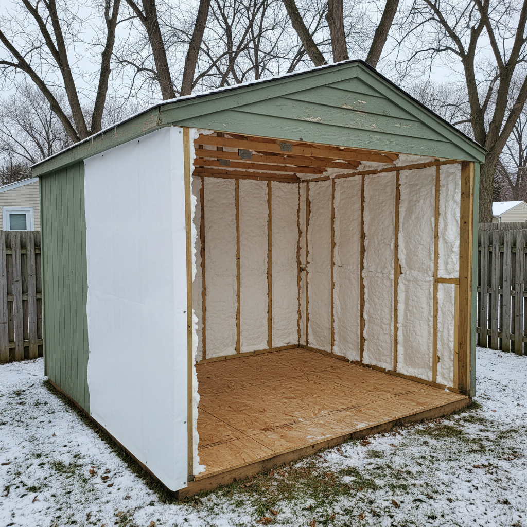 Completed shed insulation work at a residential property in Arlington Heights, IL