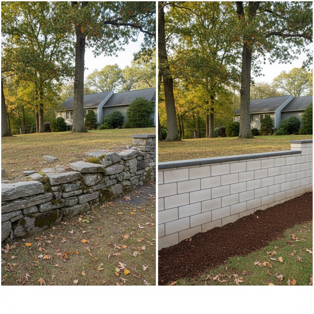 Completed block wall construction work at a residential property in Weston, MA