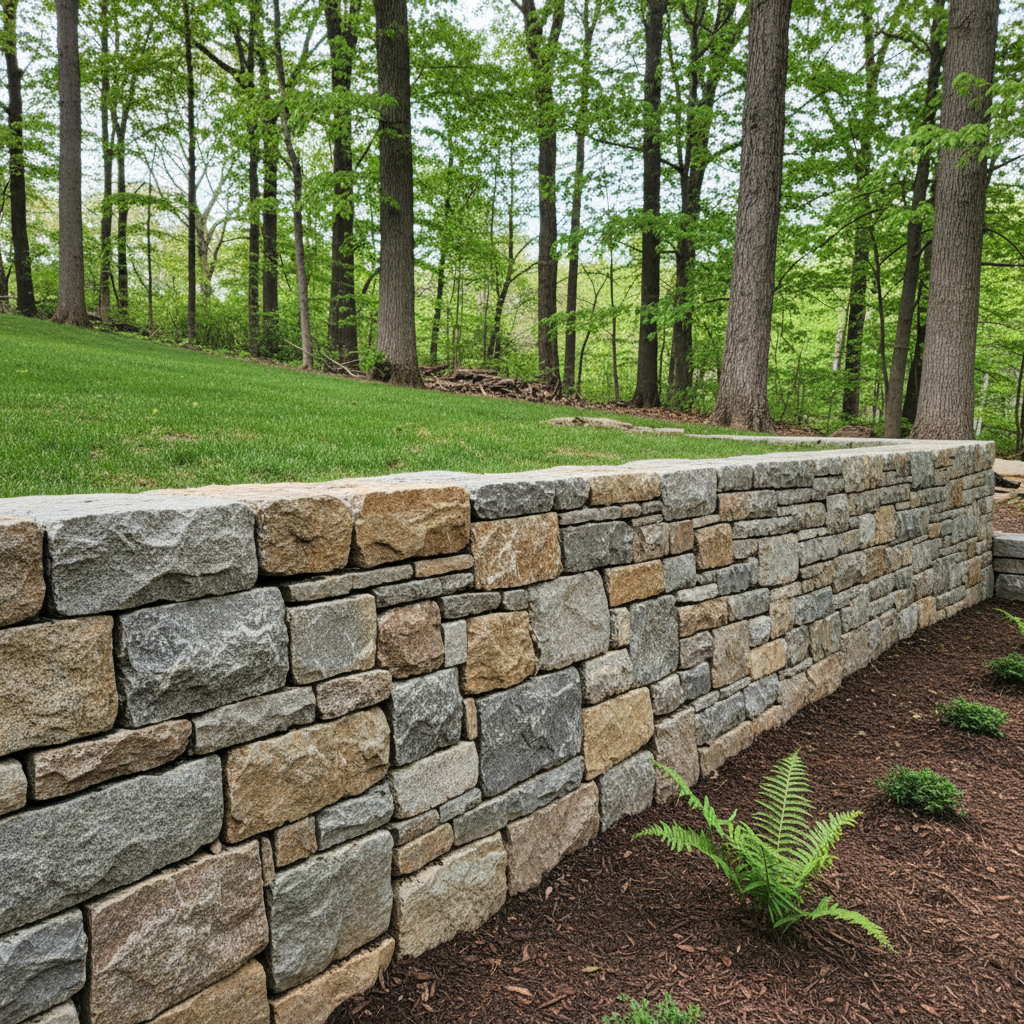 Completed retaining wall construction work at a residential property in Weston, MA
