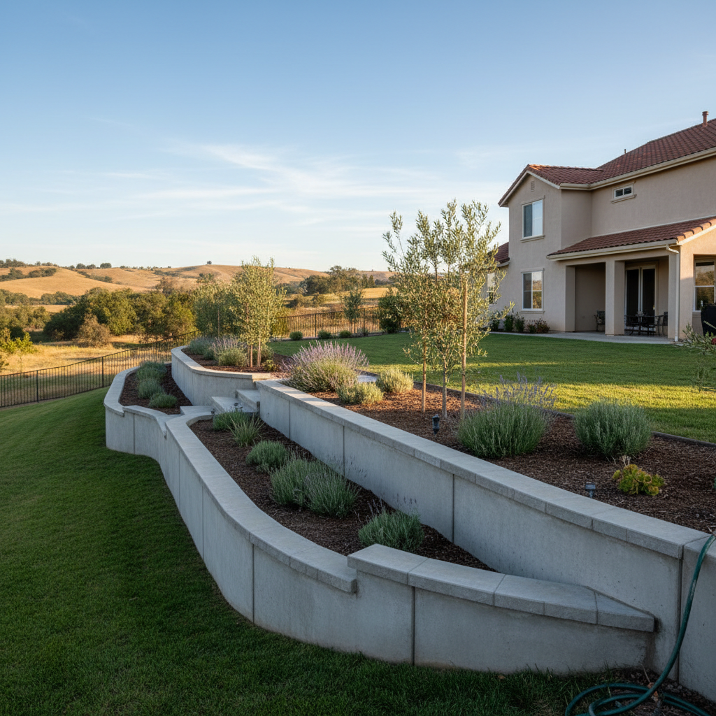 Completed concrete retaining walls work at a residential property in Manteca, CA