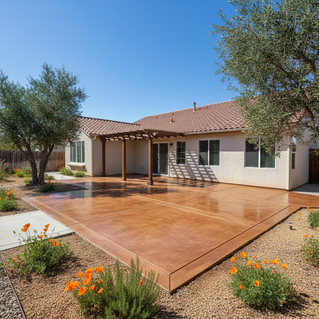 Completed concrete staining work at a residential property in Manteca, CA