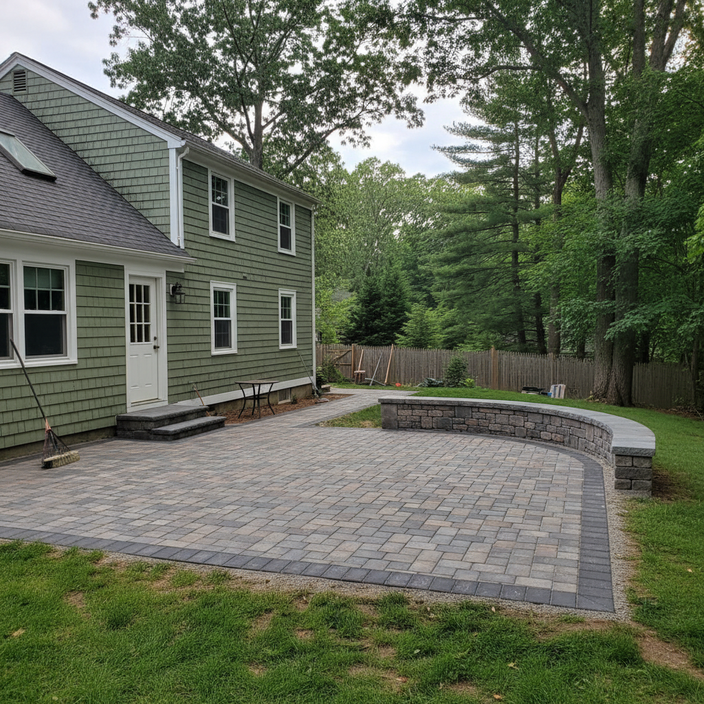 Completed paver installation work at a residential property in Brookline, MA