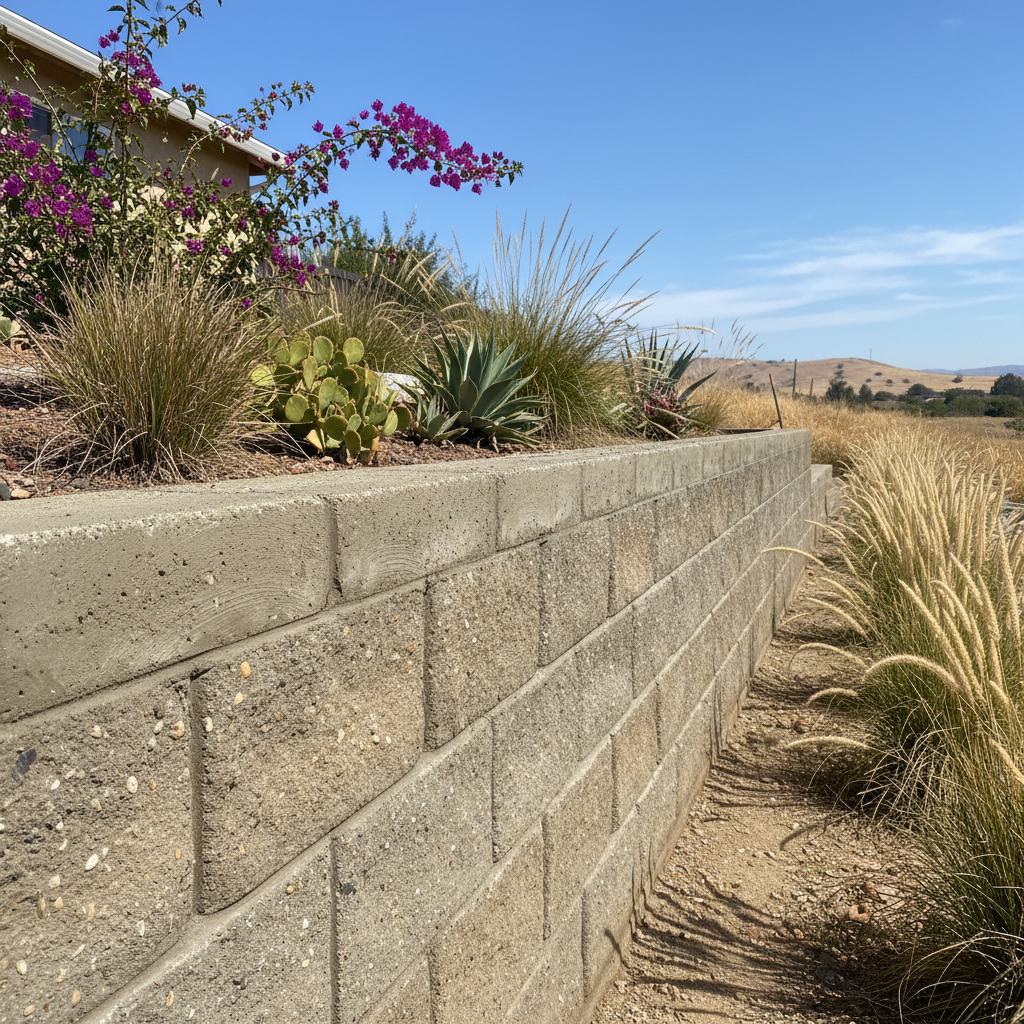 Completed concrete retaining walls work at a residential property in Manteca, CA