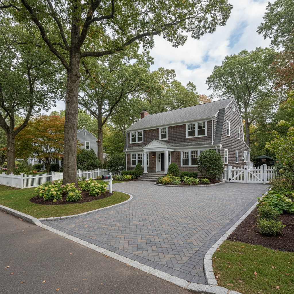 Completed paver installation work at a residential property in Brookline, MA