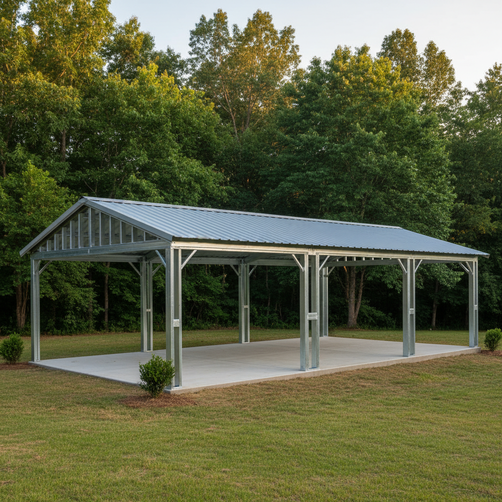 Completed metal frame garages work at a residential property in Knoxville, TN