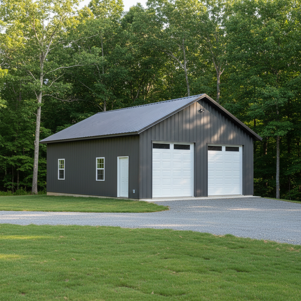 Completed metal frame garages work at a residential property in Asheville, TN