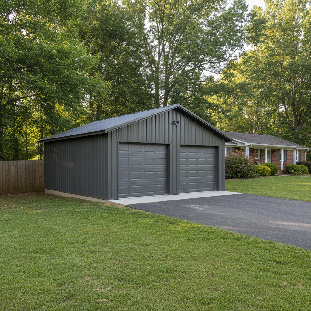 Completed metal frame garages work at a residential property in Knoxville, TN