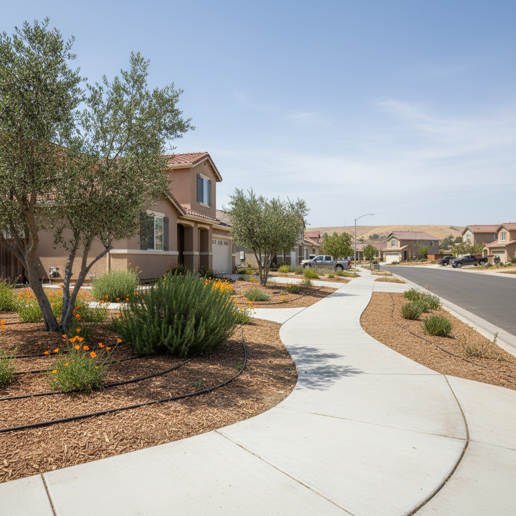 Completed concrete sidewalks work at a residential property in Tracy, CA