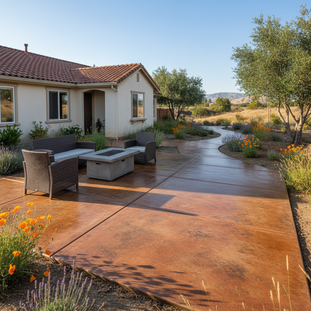 Completed concrete staining work at a residential property in Tracy, CA