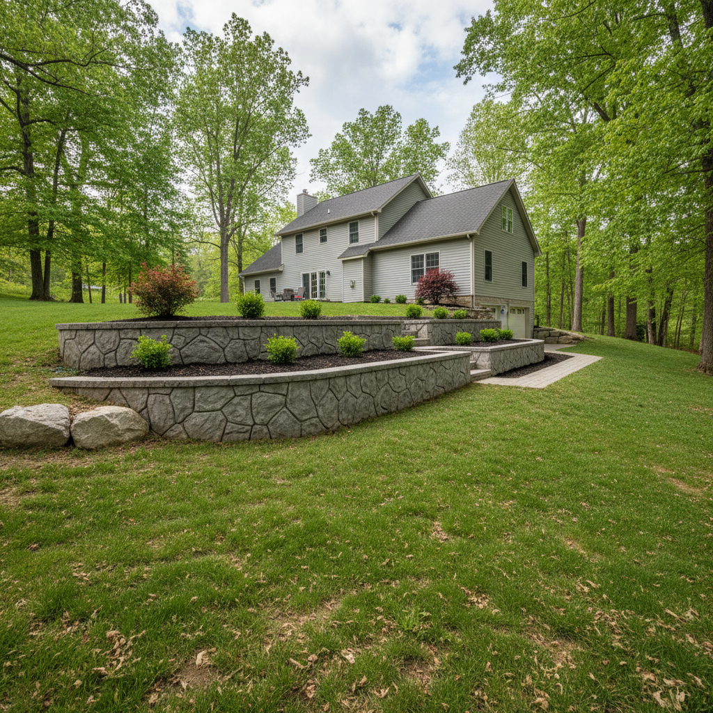 Completed concrete retaining walls work at a residential property in Cedar Grove, WV