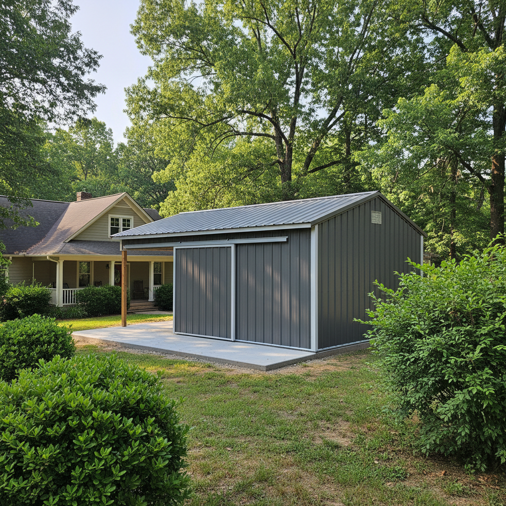 Completed metal frame sheds work at a residential property in Asheville, TN