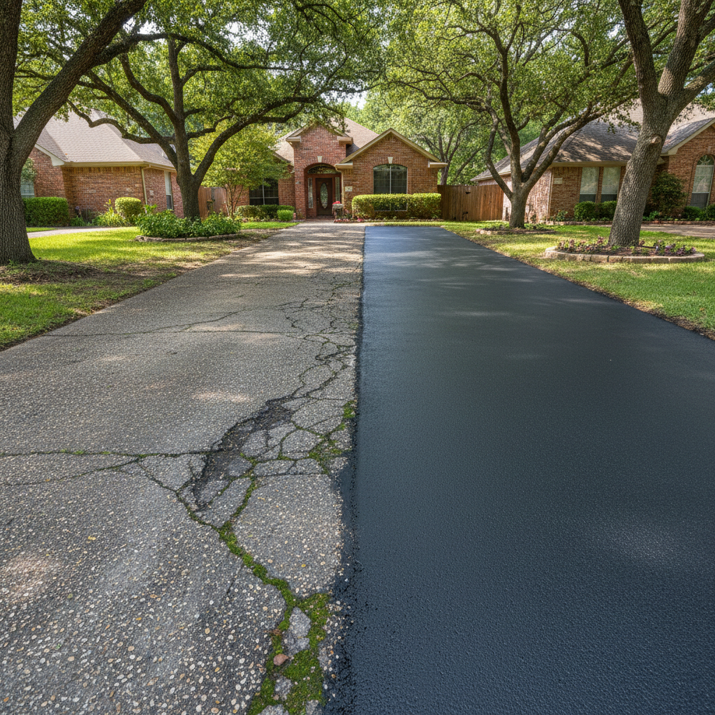 Completed asphalt sealcoating work at a residential property in Dallas, TX