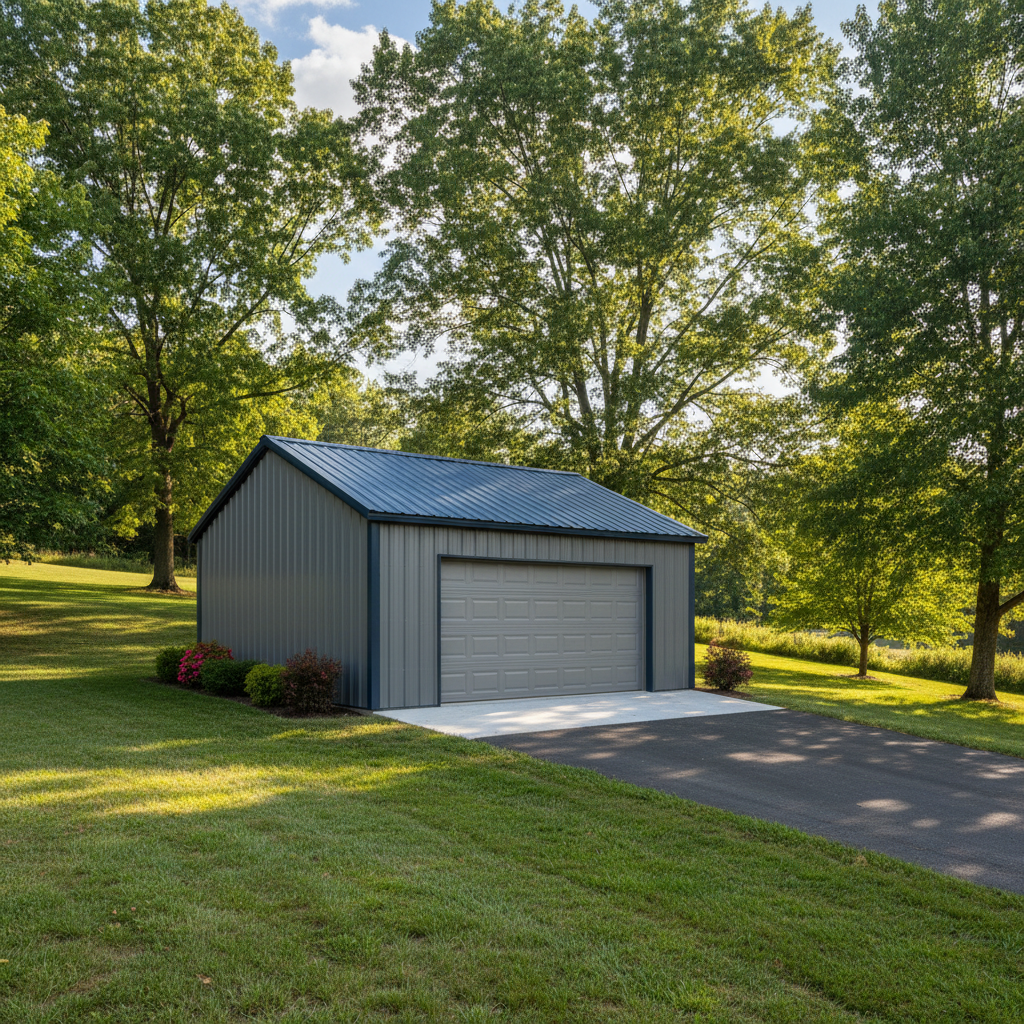 Completed metal frame garages work at a residential property in Kingsport, TN