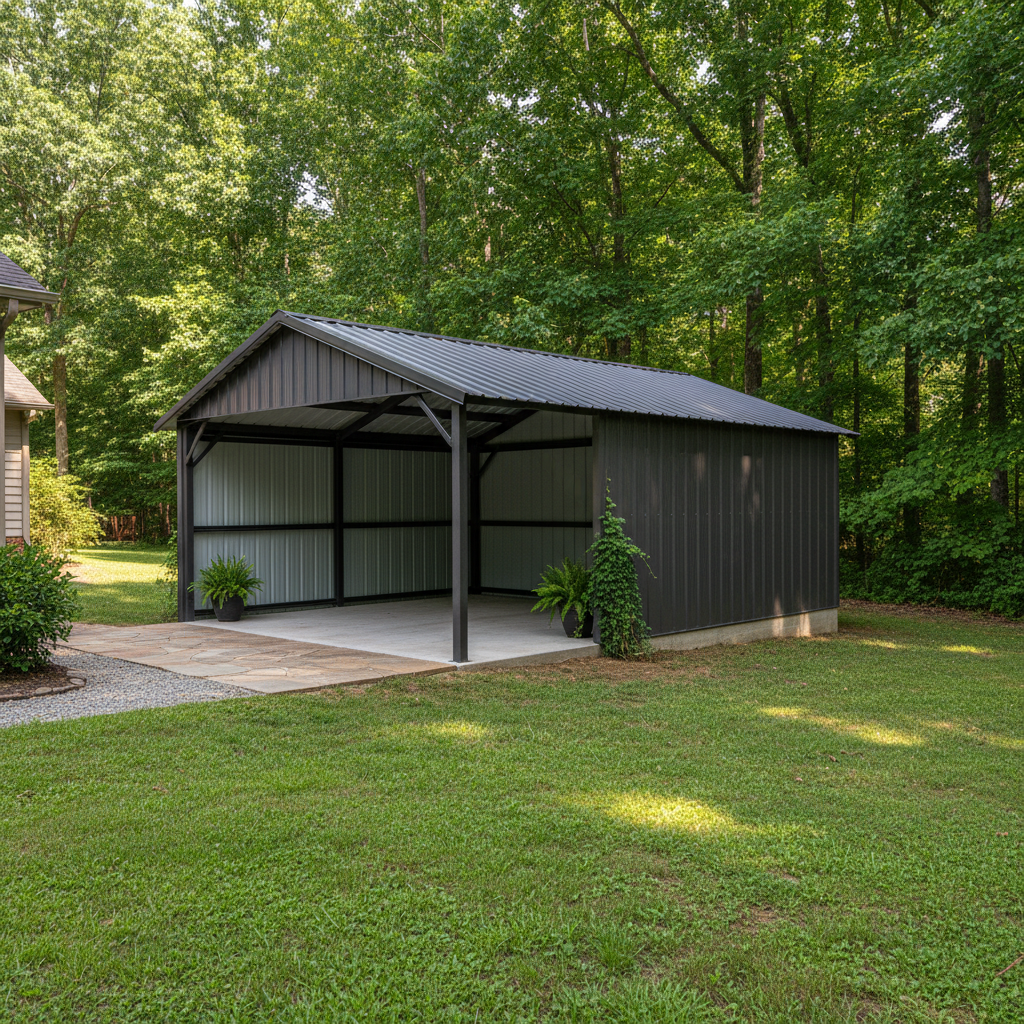 Completed metal frame sheds work at a residential property in Asheville, TN