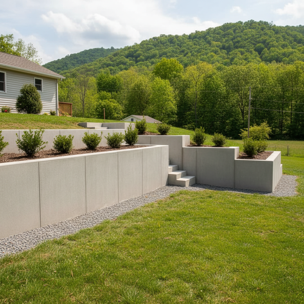 Completed concrete retaining walls work at a residential property in Cedar Grove, WV