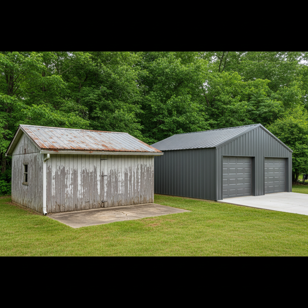 Completed metal frame garages work at a residential property in Kingsport, TN