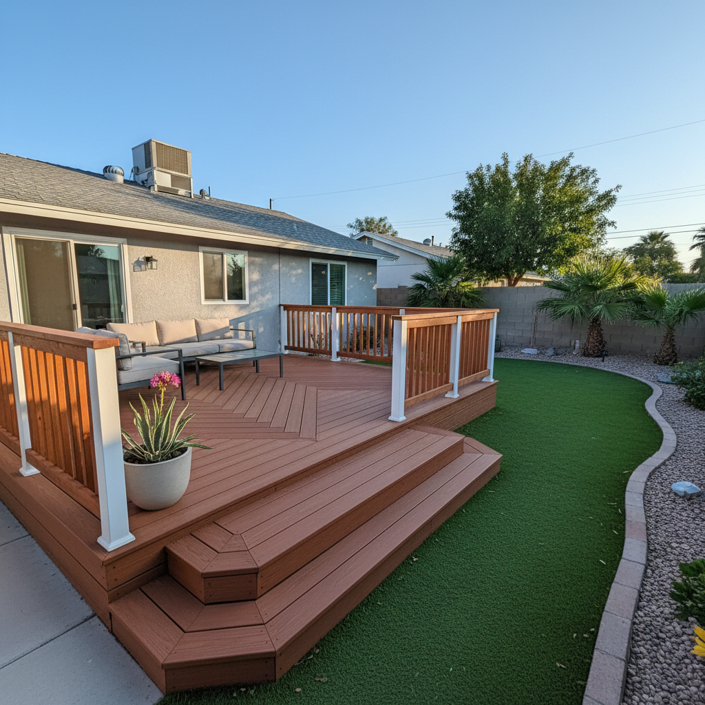 Completed deck construction work at a residential property in Las Vegas, NV