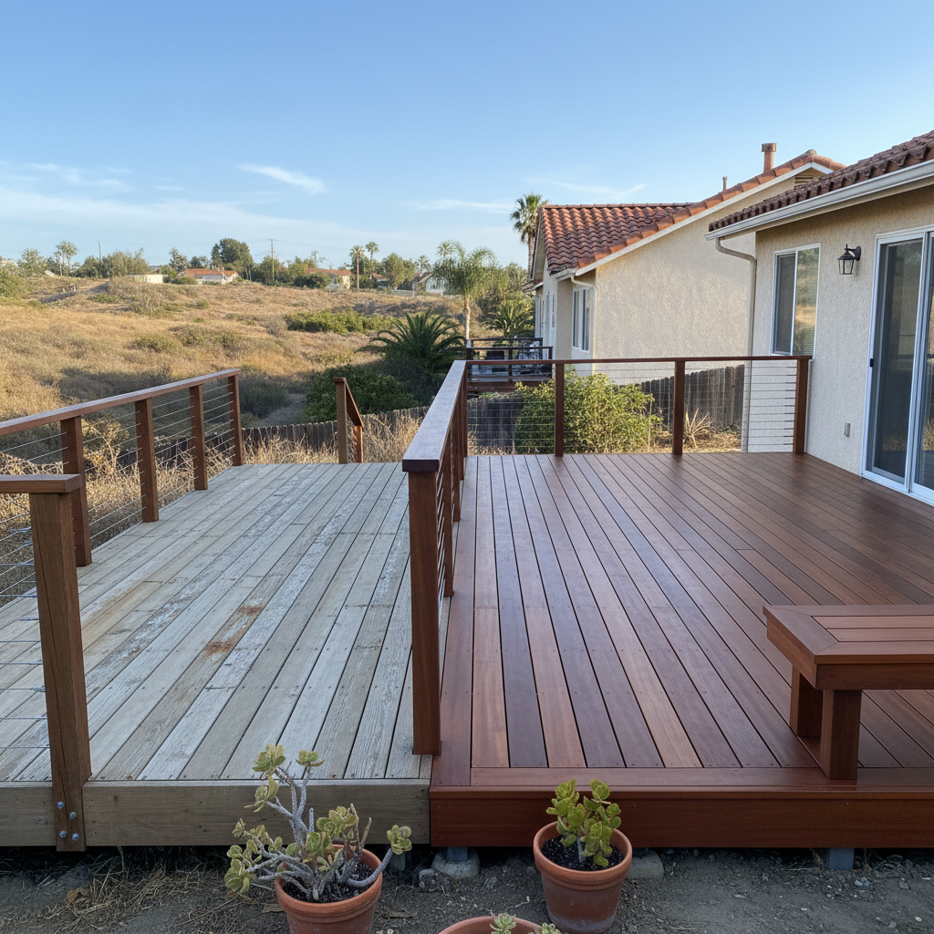 Completed deck construction work at a residential property in Oceanside, CA