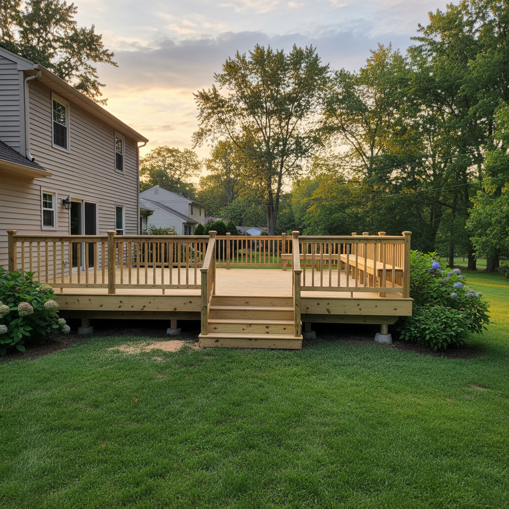 Completed wooden decks work at a residential property in Bristol, CT