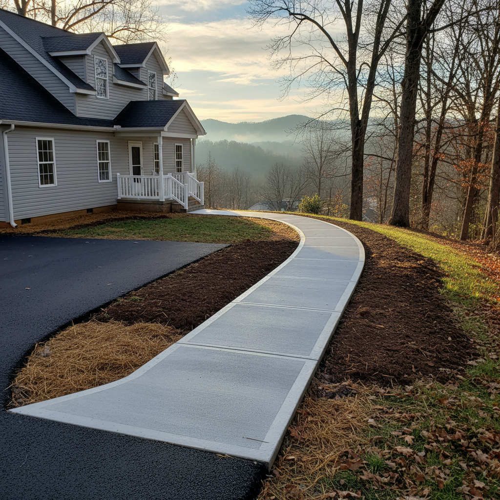 Completed concrete sidewalks work at a residential property in Cedar Grove, WV